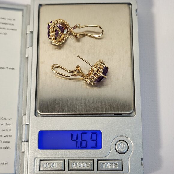 Vtg 80's 4.69g 14K Gold Natural Amethyst & Diamond Omega Back Earrings - Picture 13 of 15